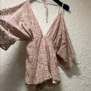 TOBI Elegant Lace V-Neck Open Back Pale Pink  Shorts Romper w/ Back & Arm Ties